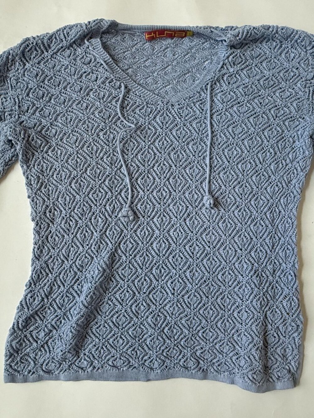 Kuna Womens 1 S Open Knit Blue Sweater V-neck Pullover Tie Neck Pima Cotton Peru